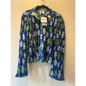Floral Pleated Plisse Sammy B Button Up Shirt L Blue Green Retro Maximalist
